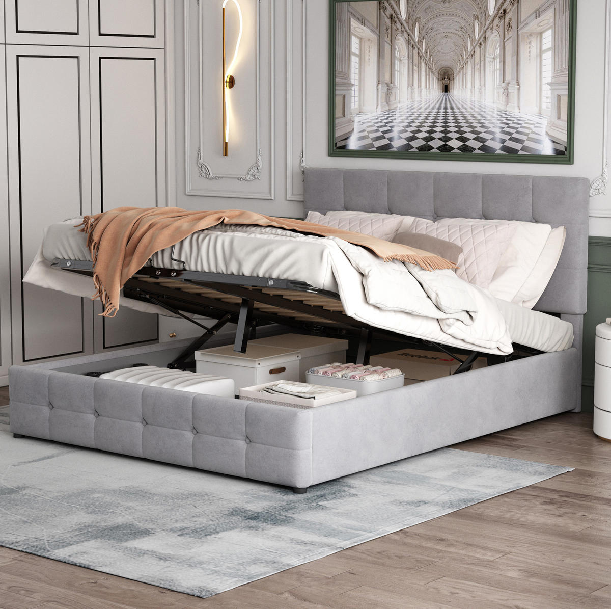 POLSTERBETT mit Stauraum 203 x 140 cm Samt Grau - Grau, Metall (140/200cm) - Meubliv