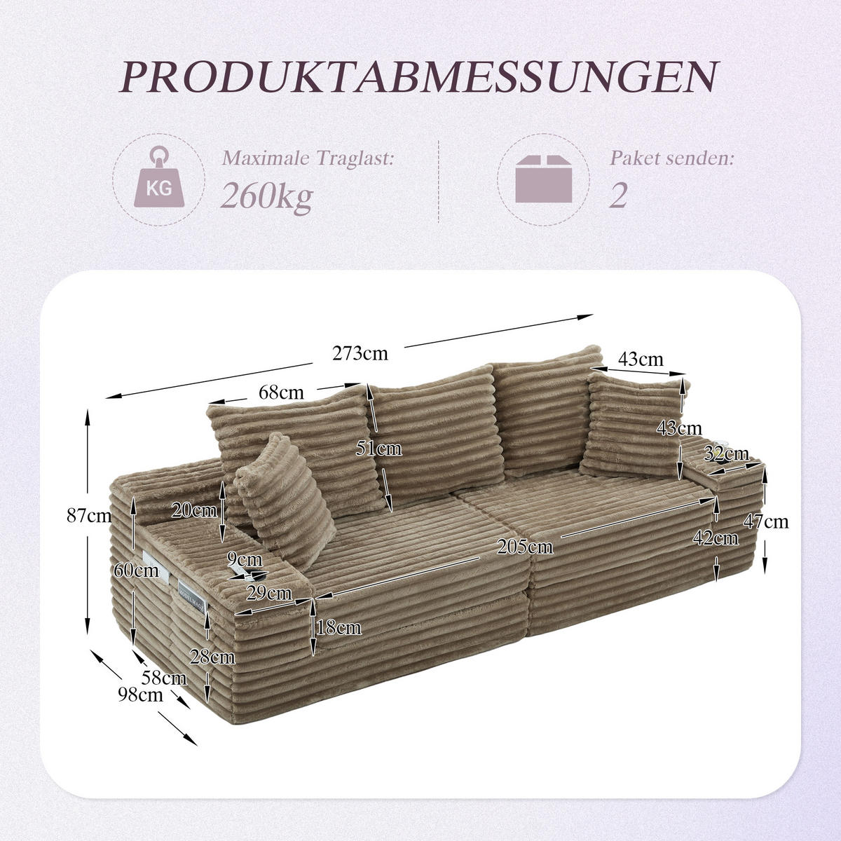 SCHLAFSOFA aus Cord mit Getränkehaltern und Kissen, Khaki - Sandfarben, Textil (107.48/34.25/38.58cm)
