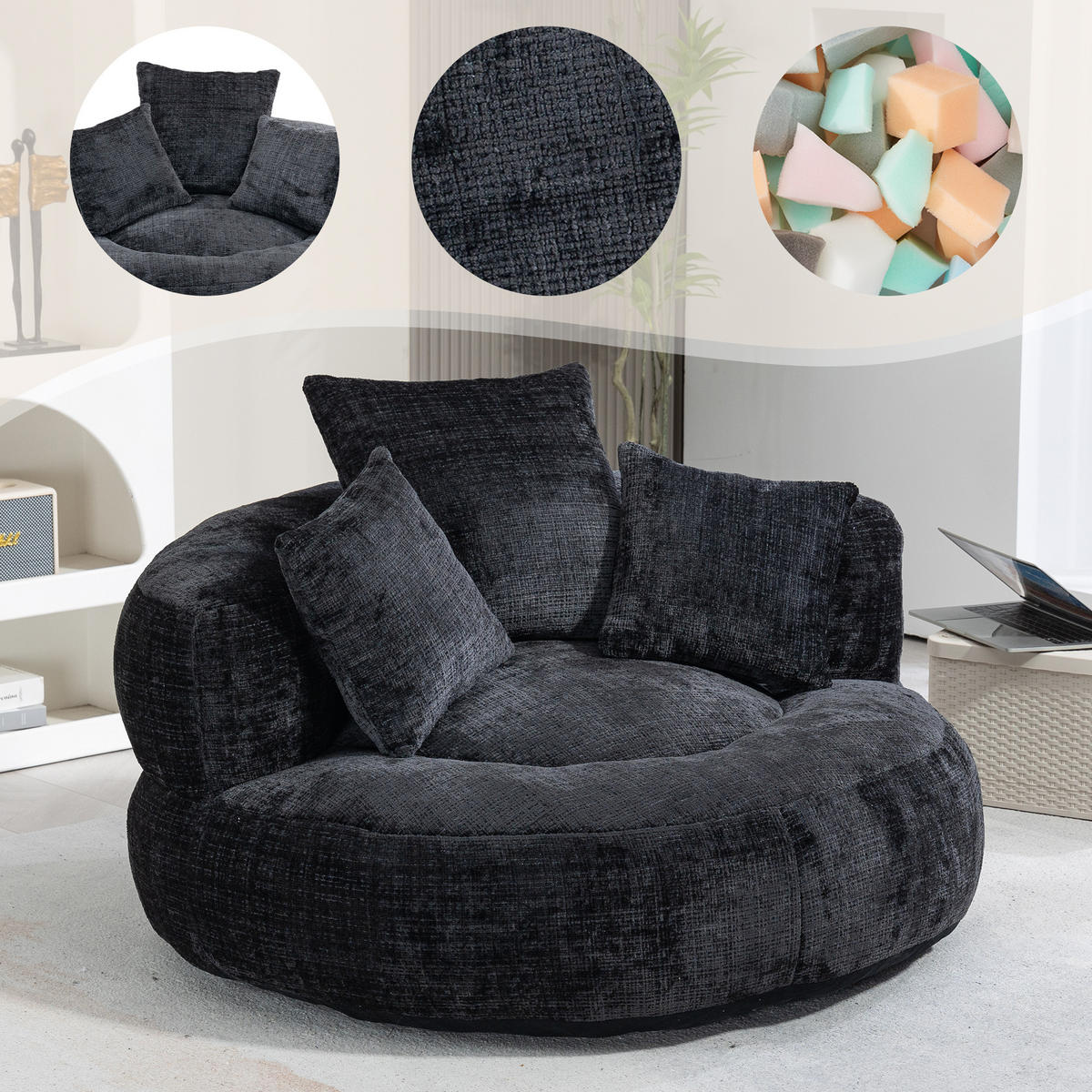SITZSACK Chenille Schwarz mit Armlehnen - Schwarz, Textil (108/52/108cm) - WISHDOR