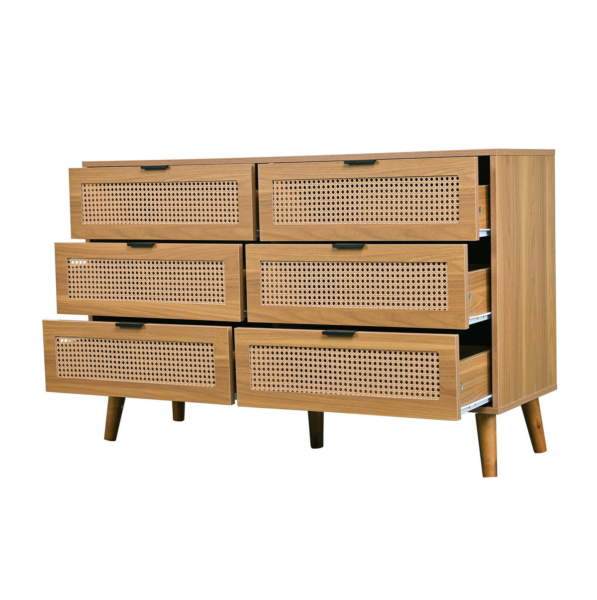 KOMODA, 120/76,5/40 cm, dekor orecha, 6 zásuviek s ratanovým čelom - prírodná farba, kompozitné drevo (120/76.5/40cm) - BEAOK