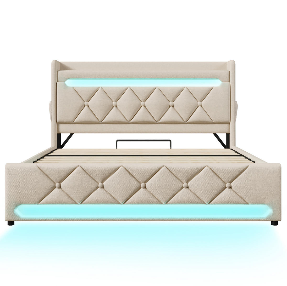 POLSTERBETT 180/200 cm Beige aus Leinen mit Stauraum, LED und USB - Beige, Textil (180/200cm) - Flora Grace