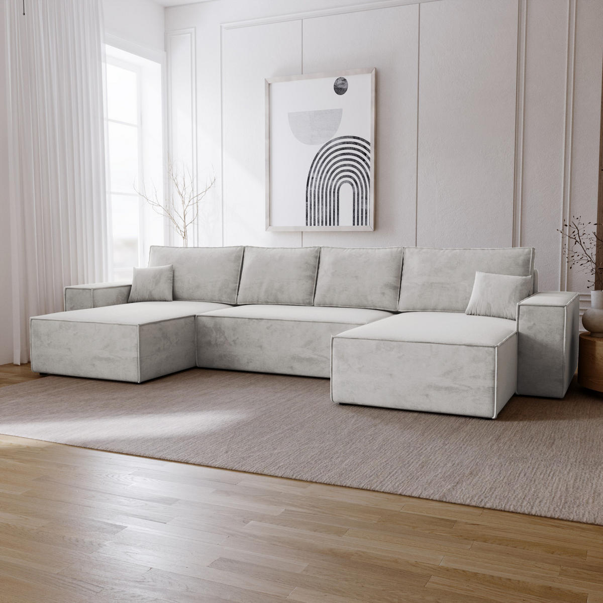 ECKSOFA 380 cm Bergamo U mit Bettkasten, Samt, Hellgrau - Hellgrau, Holz (377/189cm) - Emporius