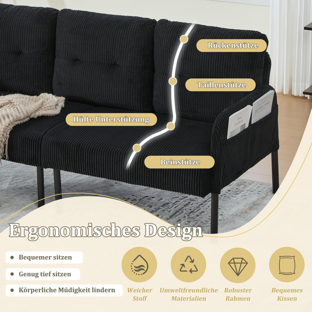 3-SITZER Sofa mit Seitentaschen, Metallgestell & Leinenstoff, 171cm, Schwarz - Schwarz, Textil/Metall (171/80/72cm) - LVHOM