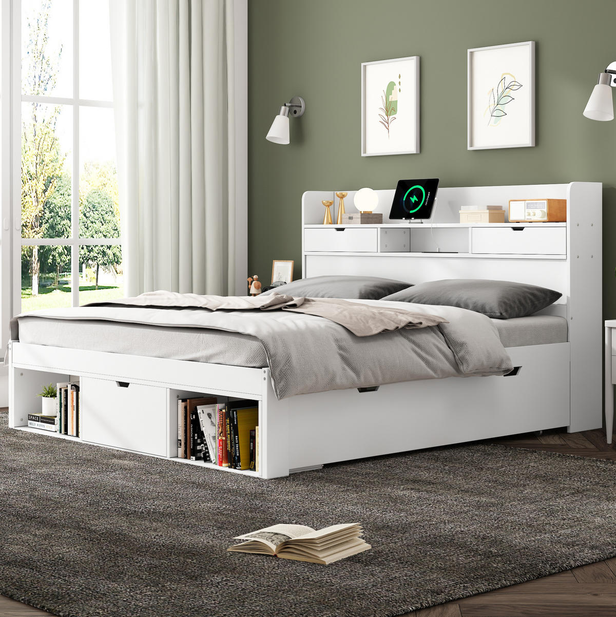 BETT Multifunktionales 160/200 cm Weiß mit USB-Anschluss und Schubladen - Weiß, Holzwerkstoff (160/200cm) - OKWISH