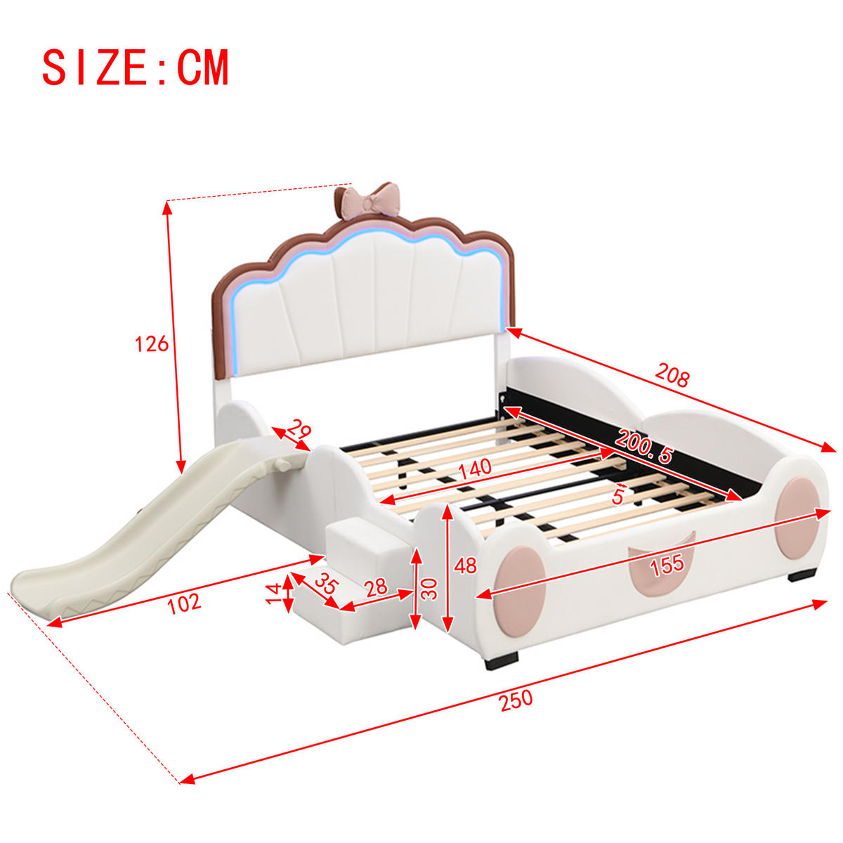 KINDERBETT aus PU und MDF 140x200 cm Rosa und Weiß mit Rutsche, Stufen und LED-Beleuchtung - Rosa, Kunststoff (140/200cm) - IVMEU