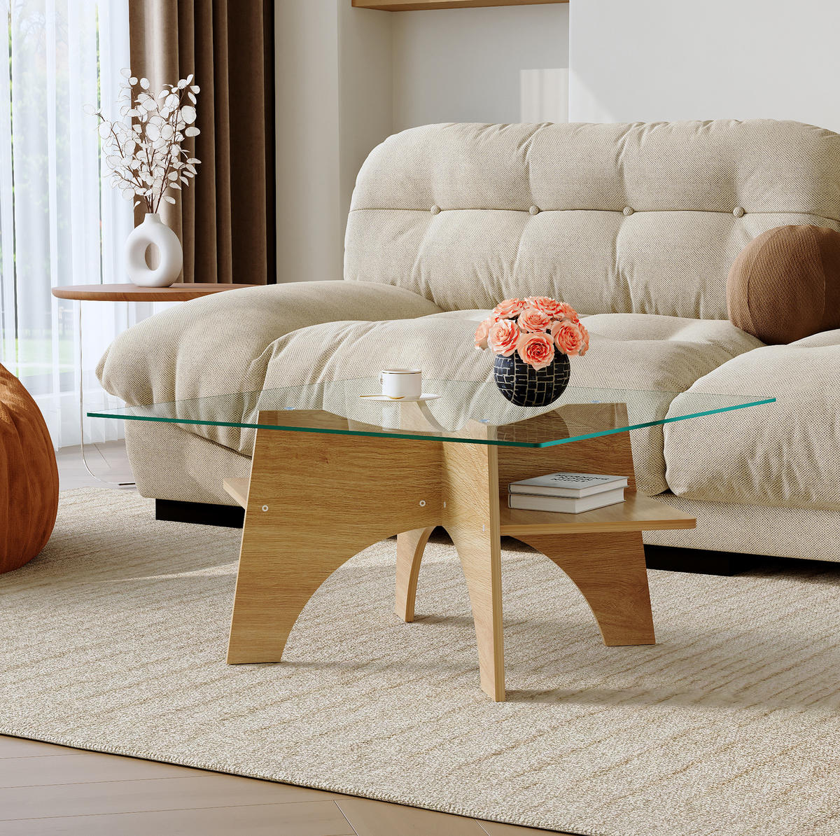 COUCHTISCH 80/80/40 cm aus Glas und MDF mit Ablagefach - Transparent, Glas (80/80/40cm) - Flora Grace