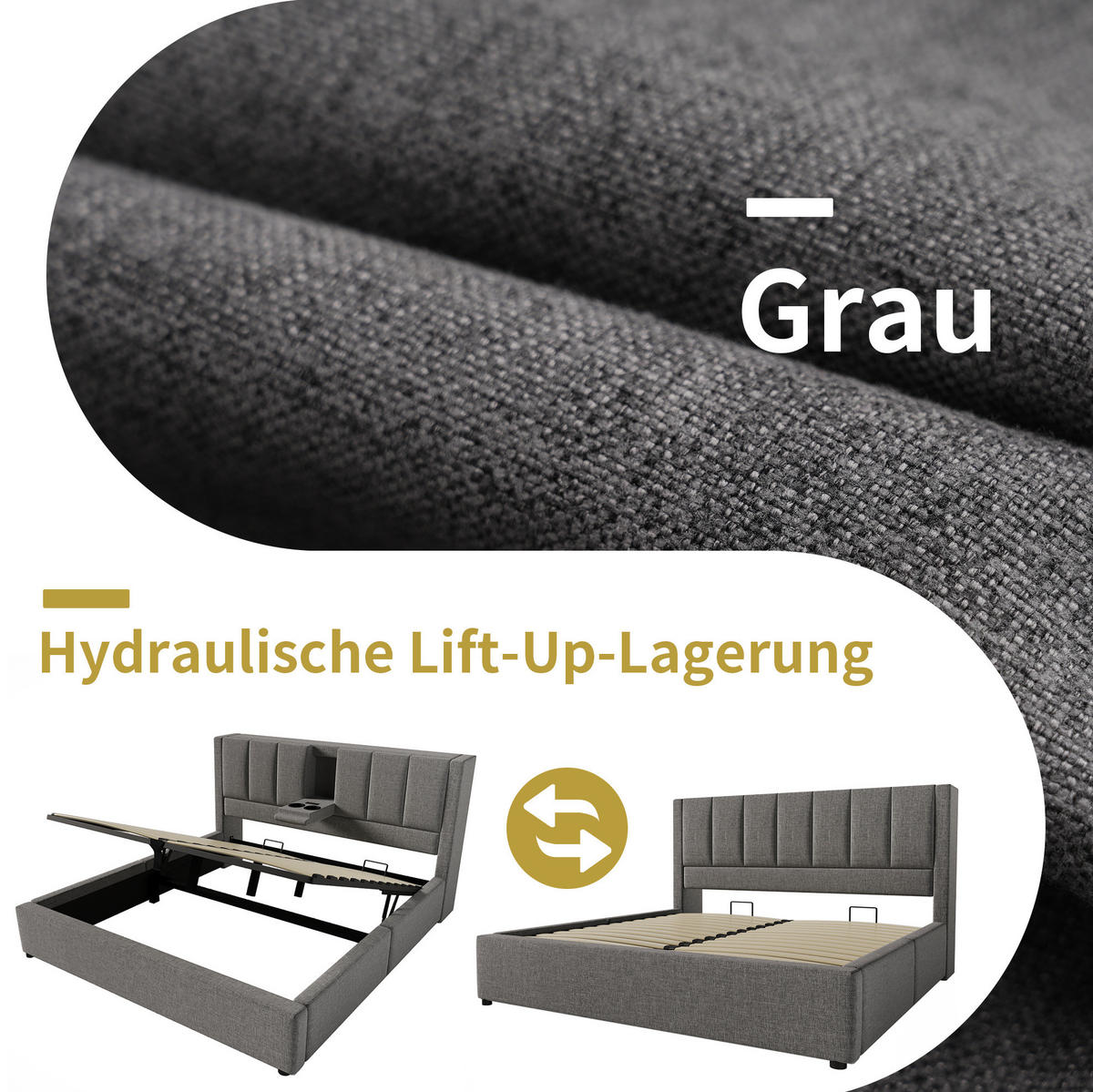 POLSTERBETT 140/190 cm Grau aus Leinen mit Stauraum - Grau, Textil (140/190cm) - OKMYHOME