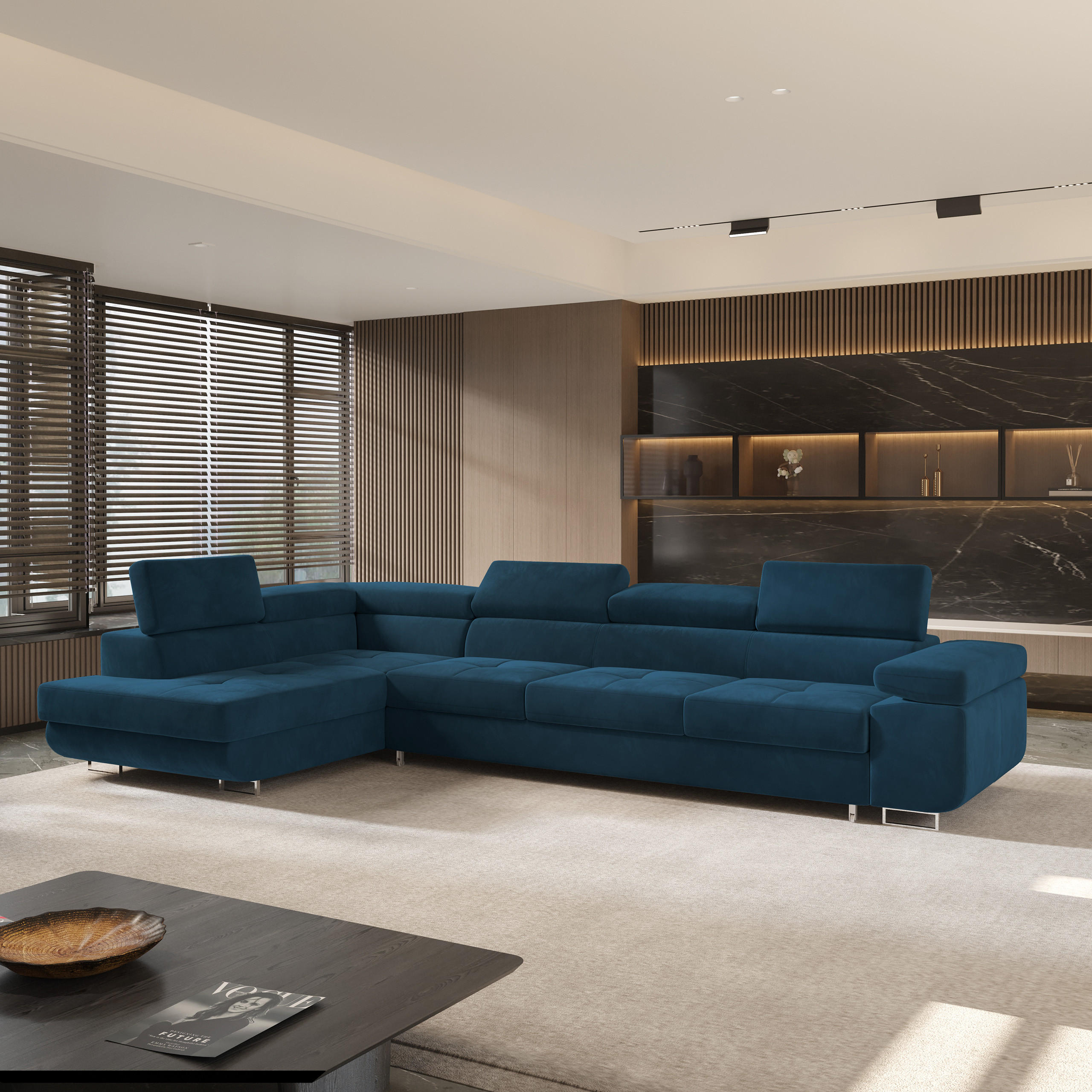 ECKSOFA VICENTE Blau Velours-Stoff mit Schlaffunktion - Blau, Holz (346/202cm) - MASSENO