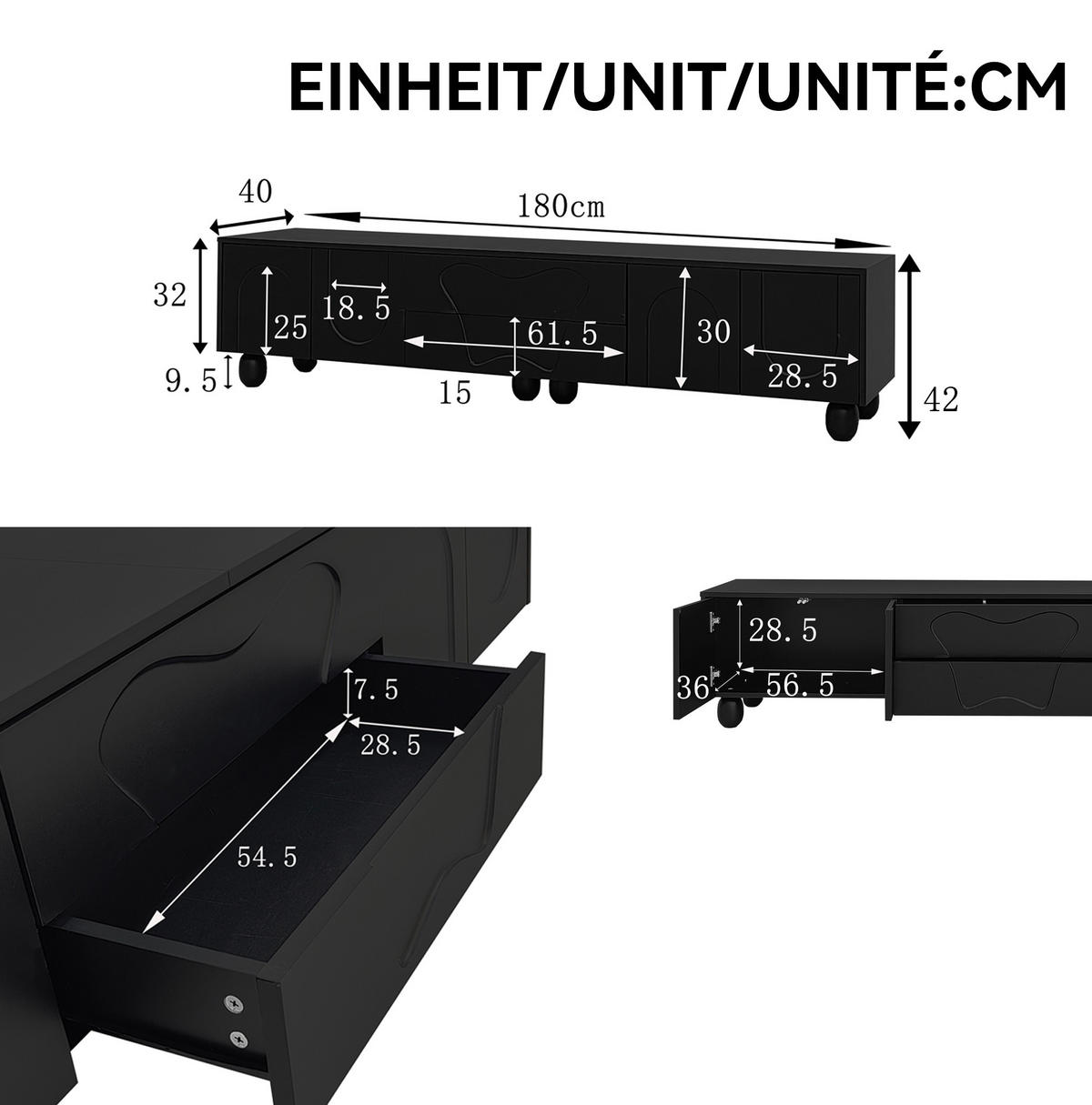 LOWBOARD 180/40/42 cm Schwarz aus Spanplatte mit Massivholzbeinen - Schwarz, Holzwerkstoff (40/42/180cm) - OKMYHOME