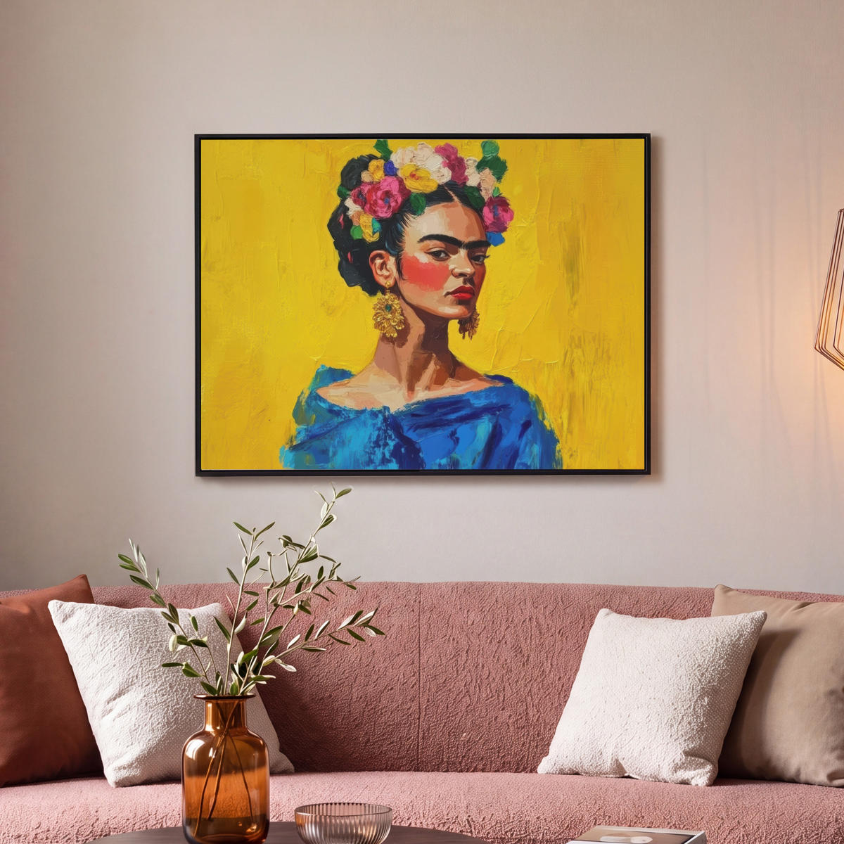 LEINWAND Bilder mit Rahmen - Frida Kahlo - Frau - Gelb - Blau - Blumen - 80x60 - Gelb, Textil (80/60cm) - MuchoWow