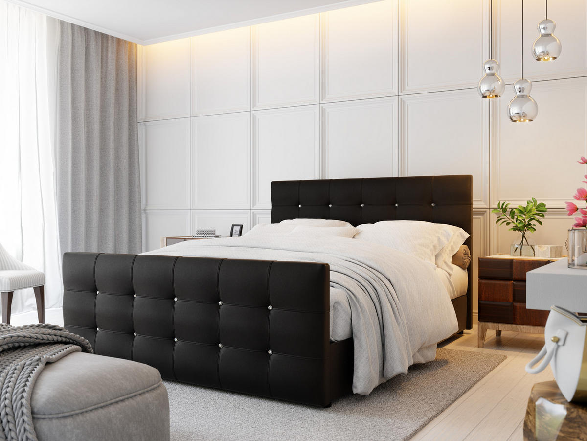 BOXBETT KLEO 200x200, mit Matratze H3, Bonell und Topper, Madryt 1100 - Schwarz, Holz/Kunststoff (200/200cm) - Bedante