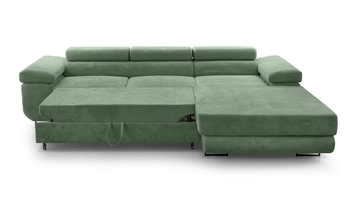 ECKSOFA L Form Arborio Salbeigrün 280/203/90 cm Rechts mit Schlaffunktion - Schwarz/Grün, Textil/Metall (280/203cm) - AX Living