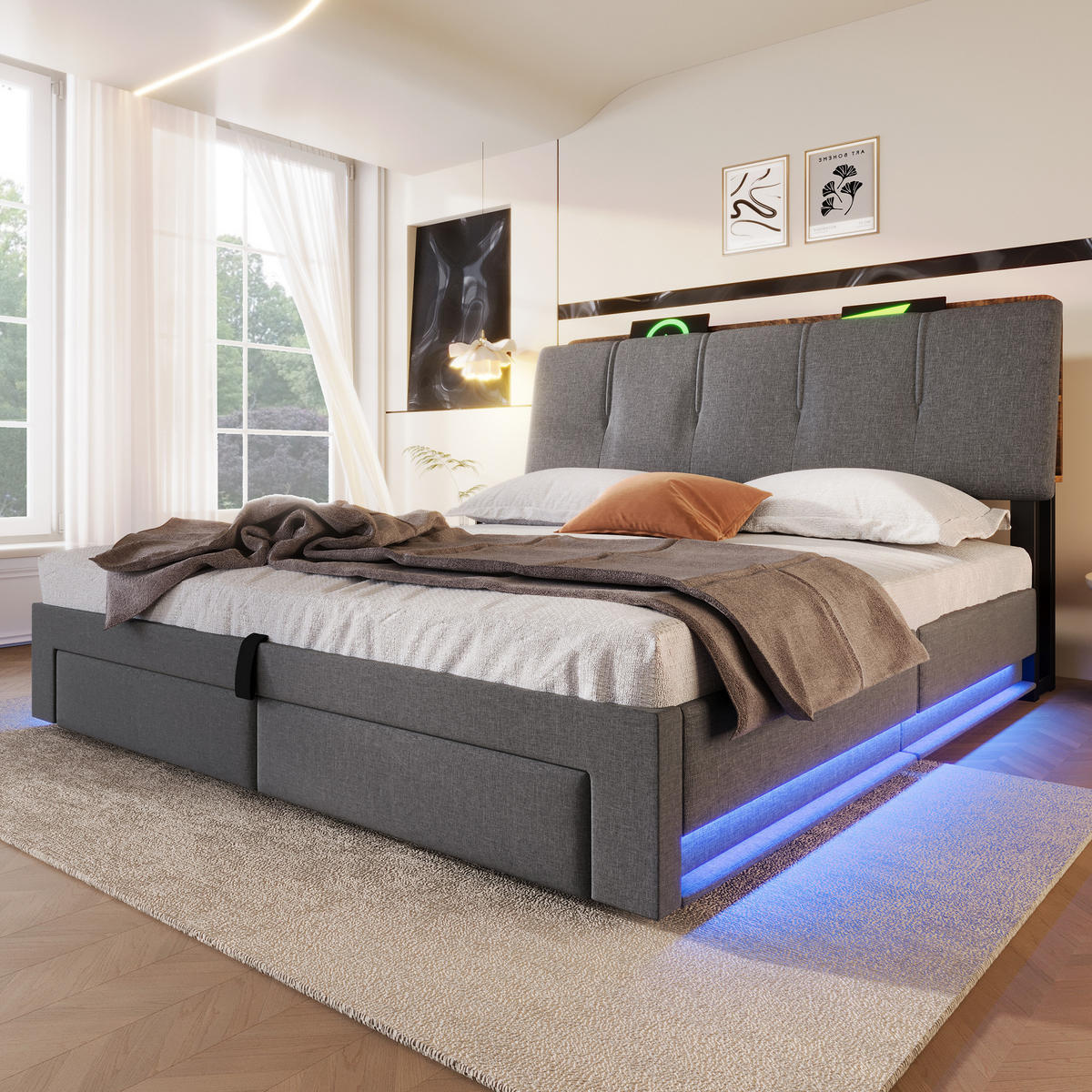 POLSTERBETT 140/200 cm in Grau mit Bettkasten, 2 Schubladen, LED und USB Type-C Leinen - Grau, Holzwerkstoff/Textil (140/200cm) - STILVORA