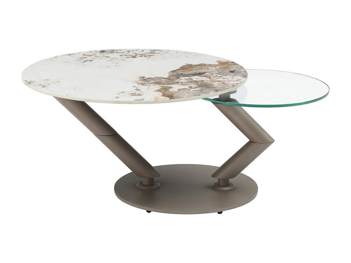 COUCHTISCH mit drehbaren Tischplatten - Keramik, Sicherheitsglas & taupefarbenes Metall - Marmor-Optik Weiß & Grau - ELDOVA - Taupe, Glas (130/80/43cm) - Vente-Unique