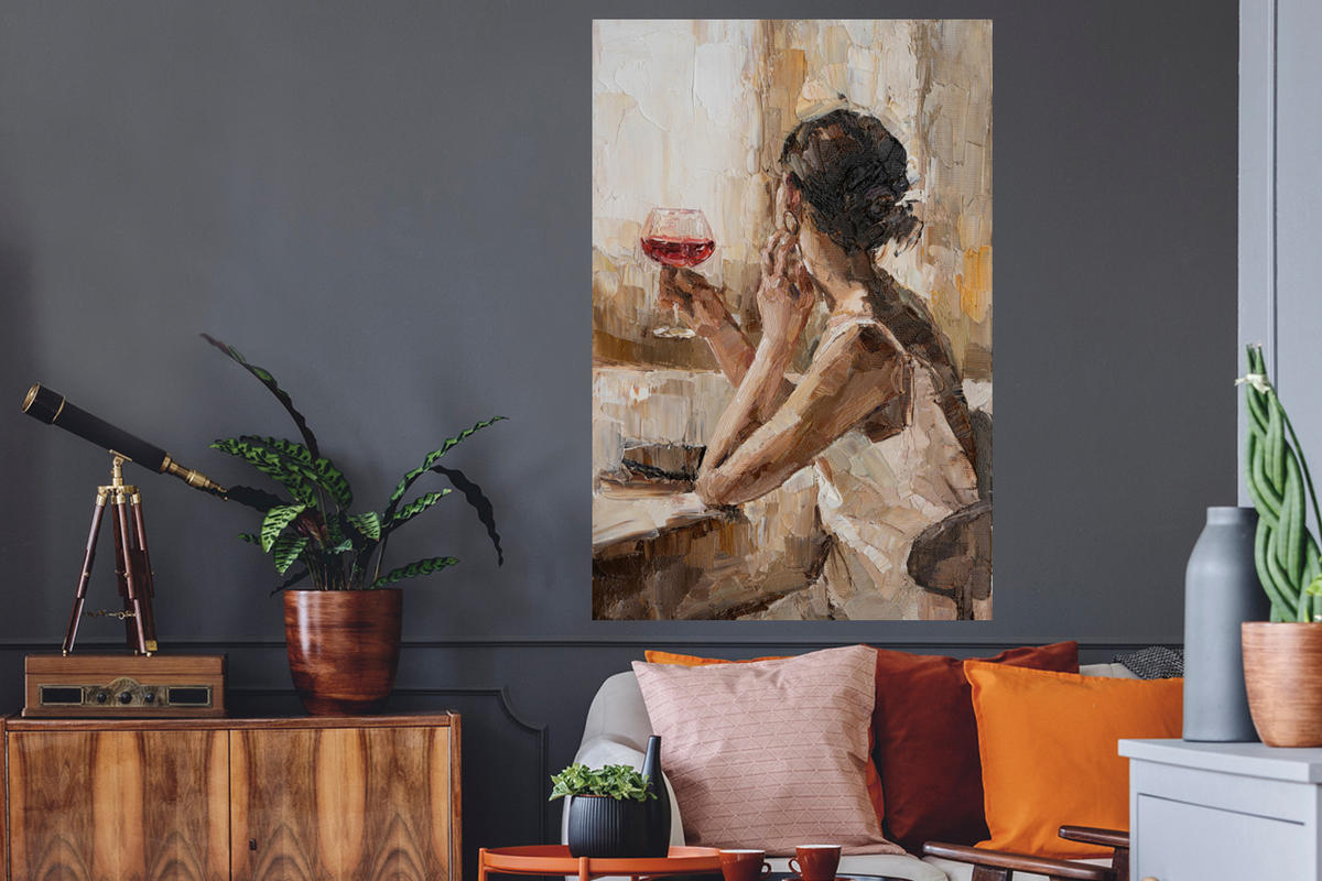 WANDTATTOO Ölgemälde - Frau - Wein 80x120 cm - Hellbraun, Kunststoff (80/120/0.1cm) - MuchoWow
