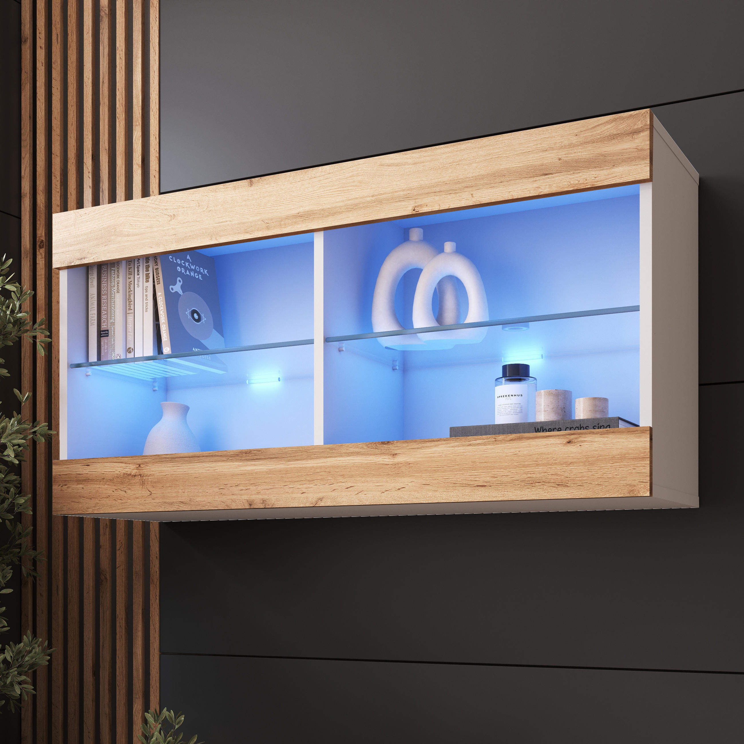 HÄNGEVITRINE TIVOLI HORIZONTAL 100, Wotan, LED Blau - Eiche Wotan/Weiß, Glas/Holzwerkstoff (100/50/29.5cm) - Komodee