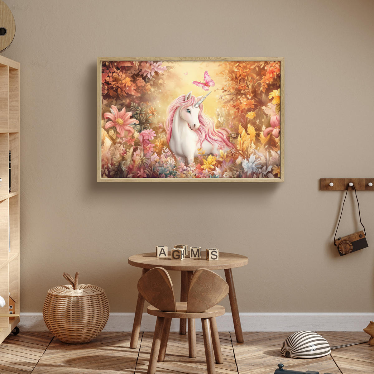 DOBÍJECÍ NOČNÍ LAMPIČKA Jednorožec - Květiny - Motýl - Růžová 100x70 cm - béžová, kompozitní dřevo (8/100/70cm) - OnlyWow