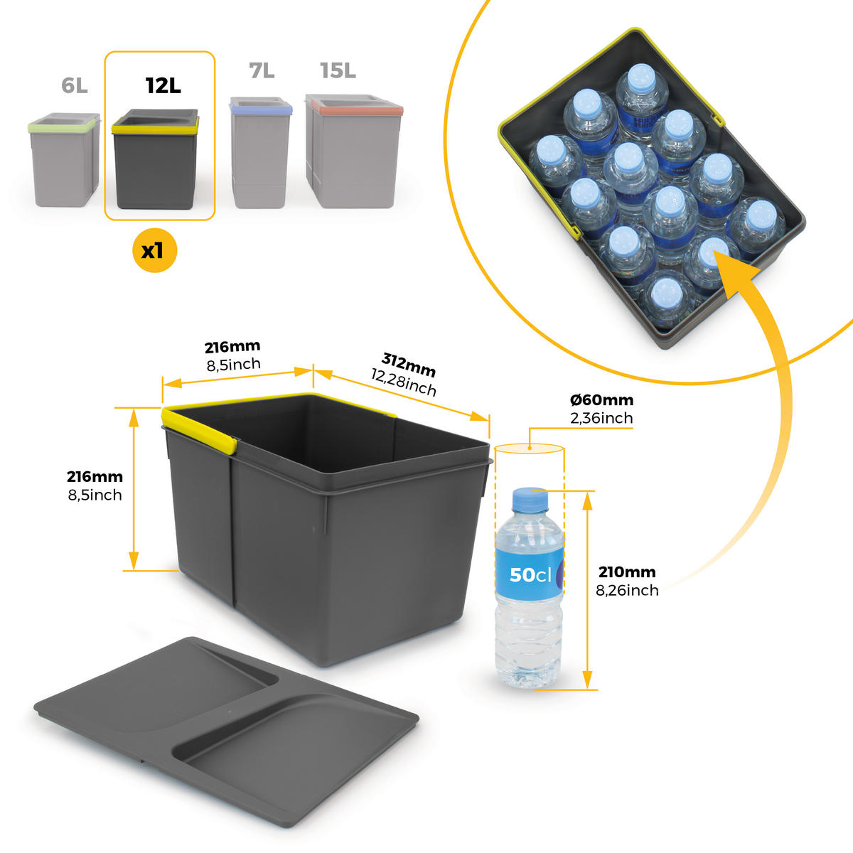 RECYCLINGBEHÄLTER für Küchenschublade, Höhe 216mm, 1x12Liter, Kunststoff anthrazitgrau - Anthrazit, Kunststoff (21.6/22/31.2cm) - EMUCA