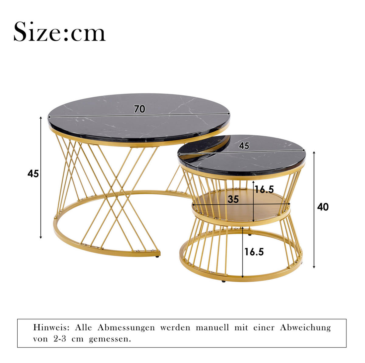 COUCHTISCH-SET aus MDF 70x70x45 cm Schwarz mit Marmormuster und goldfarbenem Metallgestell - Schwarz, Holzwerkstoff (70/70/45cm) - IVMEU