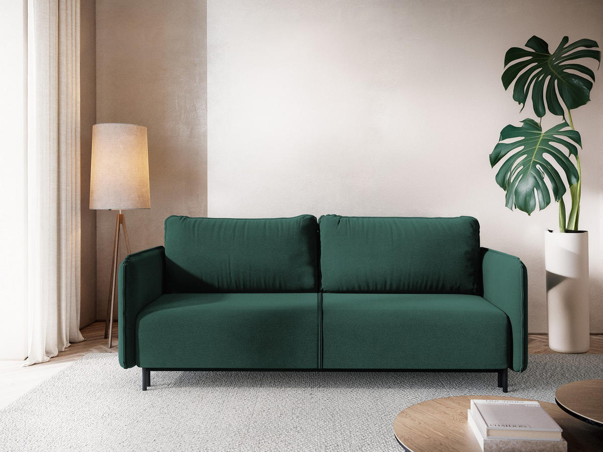3-SITZER SOFA mit Schlaffunktion Strukturstoff Stoff Grün - Dunkelgrün/Schwarz, Holz/Textil (226/90/92cm) - Makamii