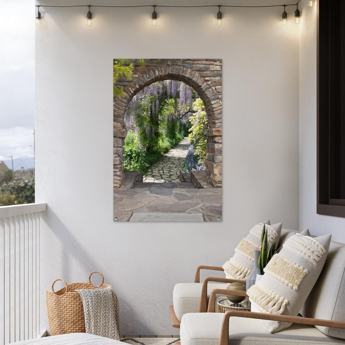ZAHRADNÍ PLAKÁT Les - výhled - kameny - cesta 80x120 cm - šedohnědá, plast (80/120/0.2cm) - OnlyWow