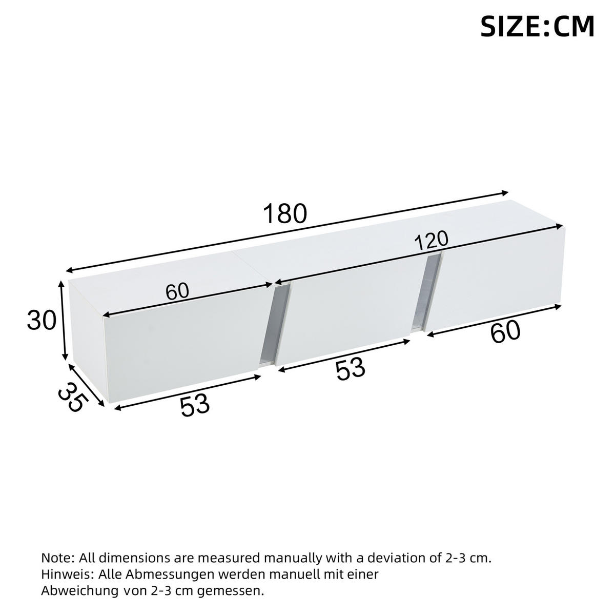 TV-LOWBOARD aus Spanplatte 180x35x30 cm Weiß mit LED-Beleuchtung, Wandmontage und 3 Klapptüren - Weiß, Holzwerkstoff (180/30/35cm) - Modfu