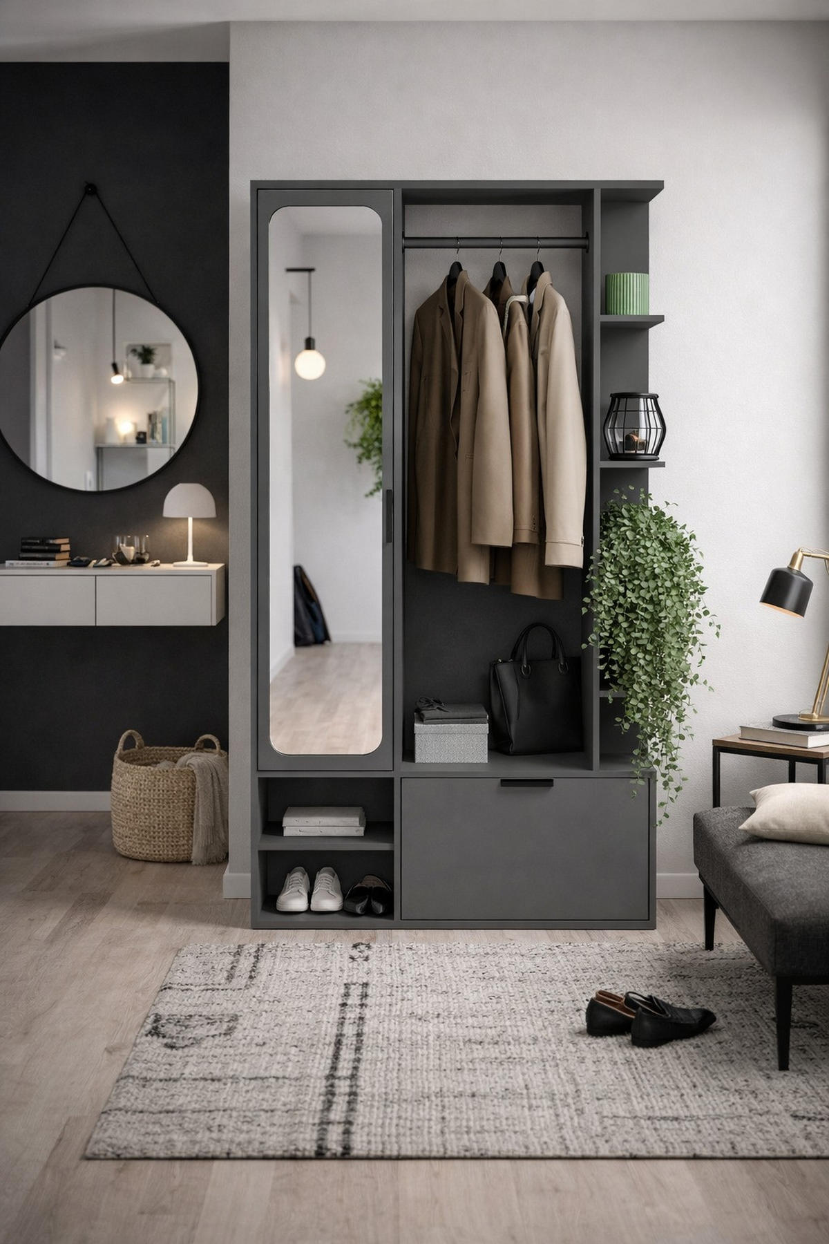 GARDEROBE Mela mit Spiegel, Sitzbank & Kleiderstange – 100/189/33 cm – Grau - Schwarz/Grau, Holzwerkstoff/Metall (100/189.4/33cm) - WFL GROUP