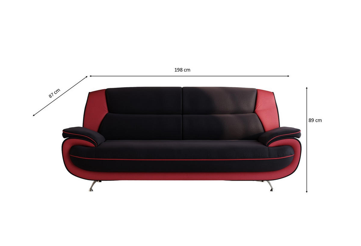 SOFA 3-Sitzer, Stoff Soft, Schwarz + Rot, Palermo - Schwarz, Holz (198/89/87cm) - Kaiser Möbel