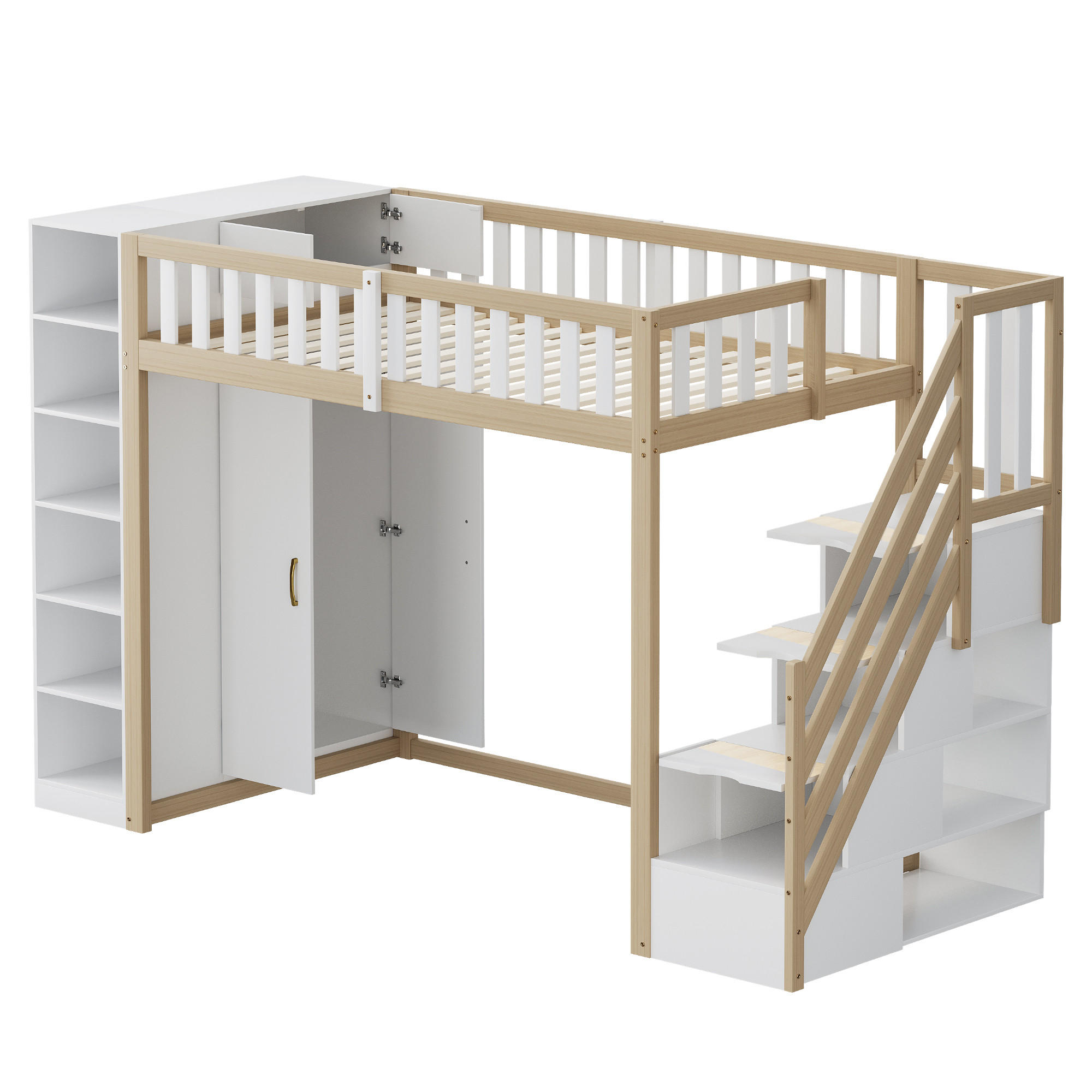 HOCHBETT 90/200 cm DE-01656, in Holz & Weiß, mit Kleiderschrank, Regalen und Stauraumleiter - Naturfarben, Holz (90/200cm) - ComfortXL