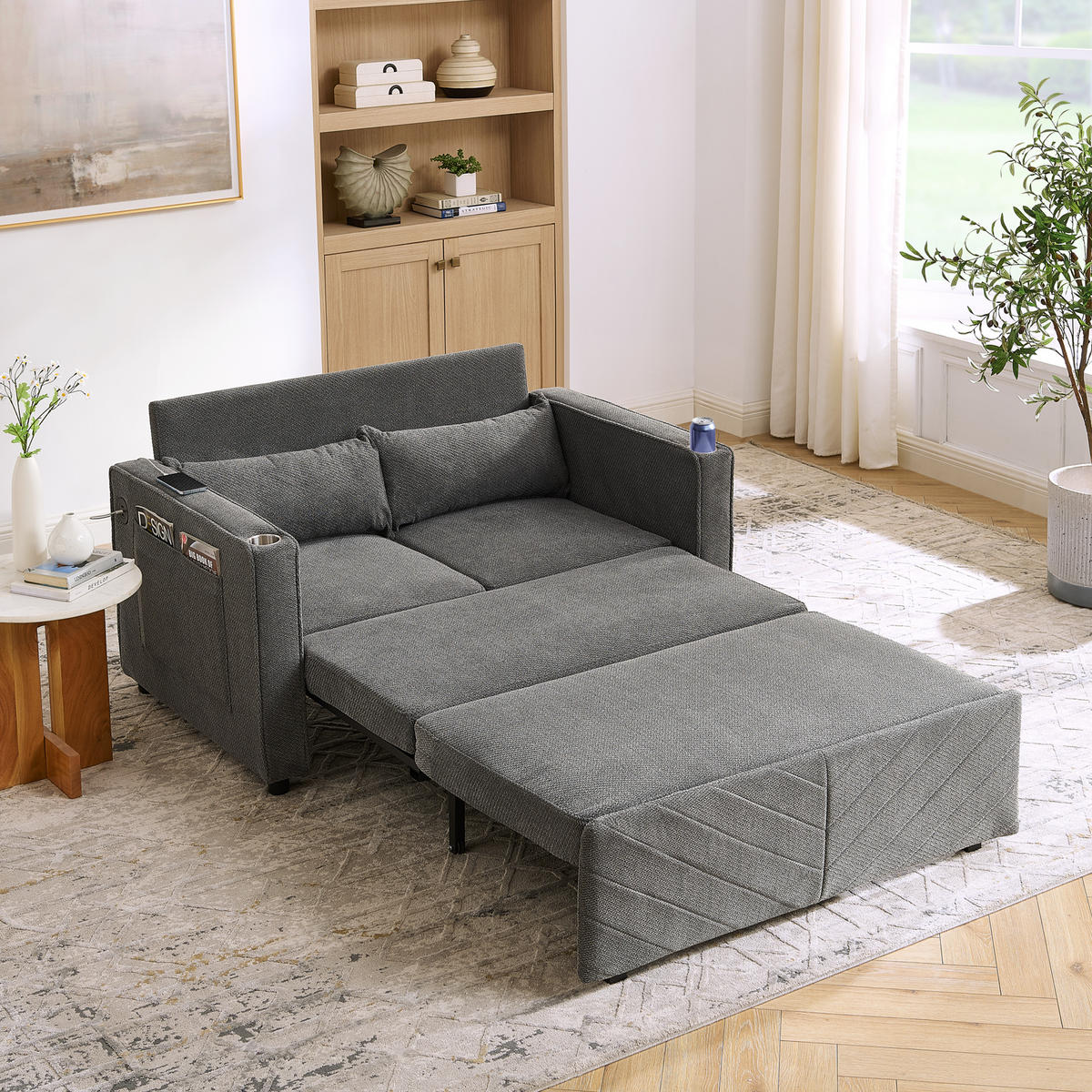 SCHLAFSOFA 134/82/73 cm Dunkelgrau mit USB Charging und Aufbewahrungstasche - Dunkelgrau, Textil (134/73/195cm) - Oxeza