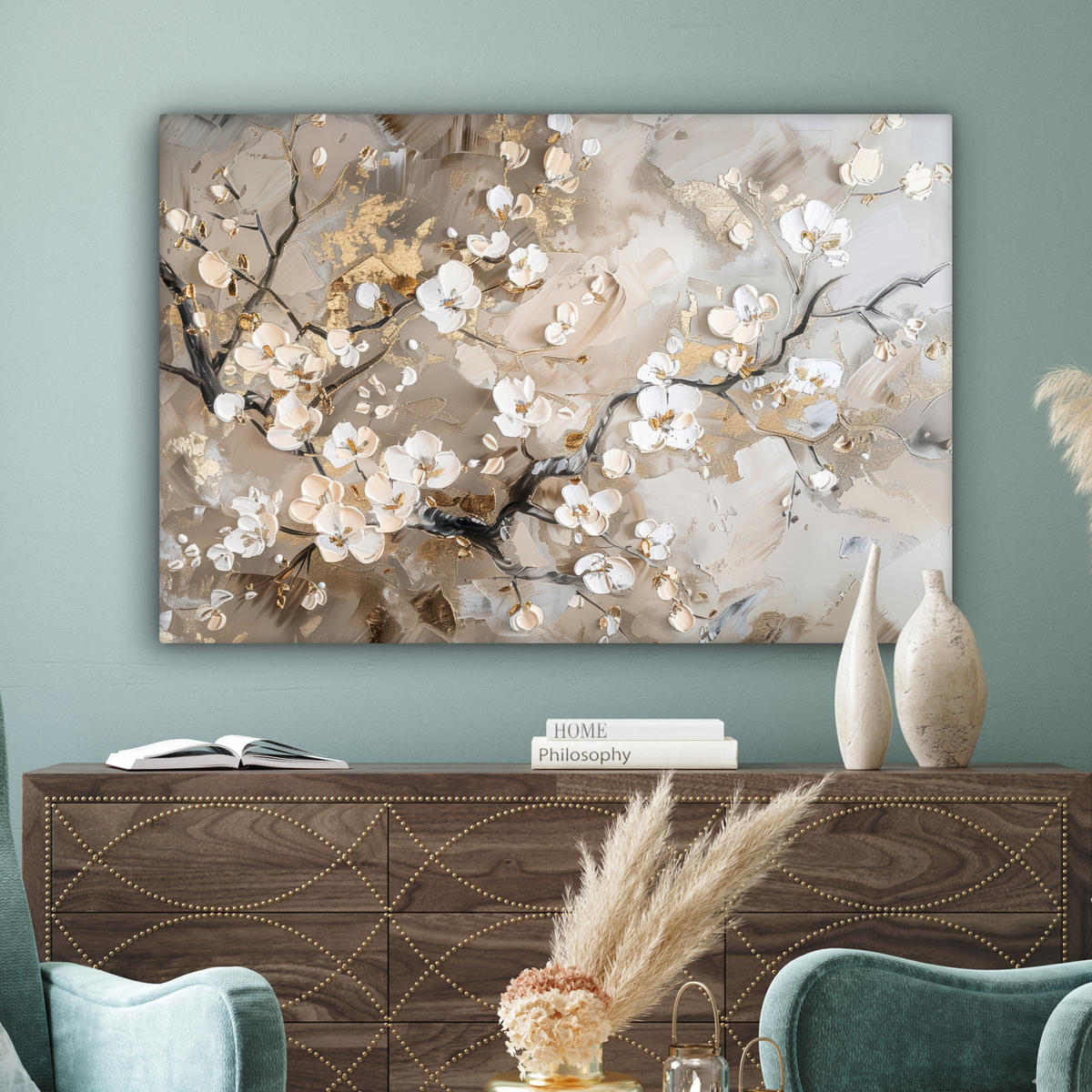 OBRAZ NA PLÁTNE Kvety - biela - zlatá - béžová - luxusná 120x80 cm - sivobéžová, textil (120/80cm) - MuchoWow