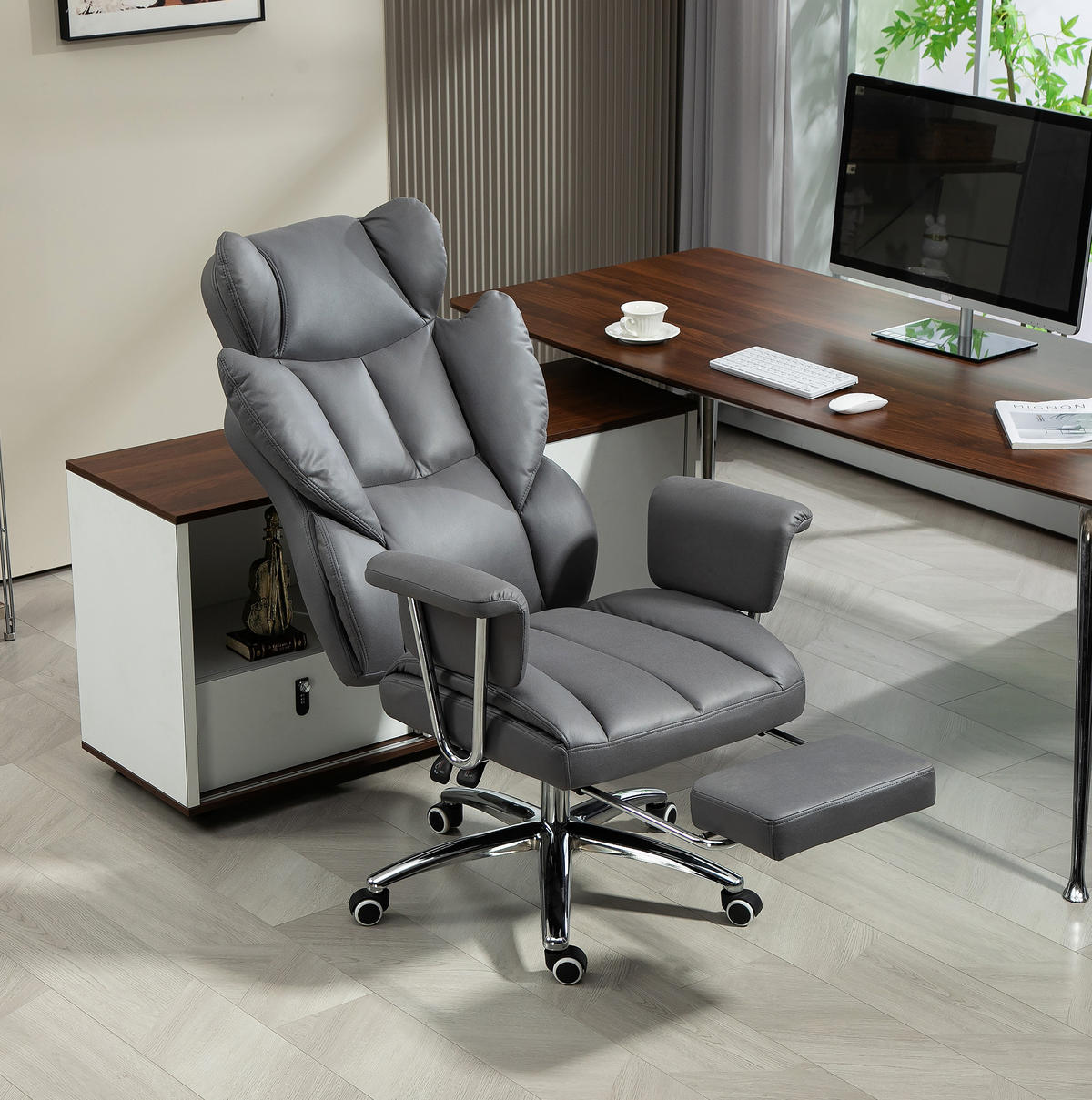 BÜROSTUHL in Dunkelgrau 65x74x128 cm mit verstellbarer Rückenlehne und Fußstütze - Dunkelgrau, Kunststoff (74/128/65cm) - IVMEU