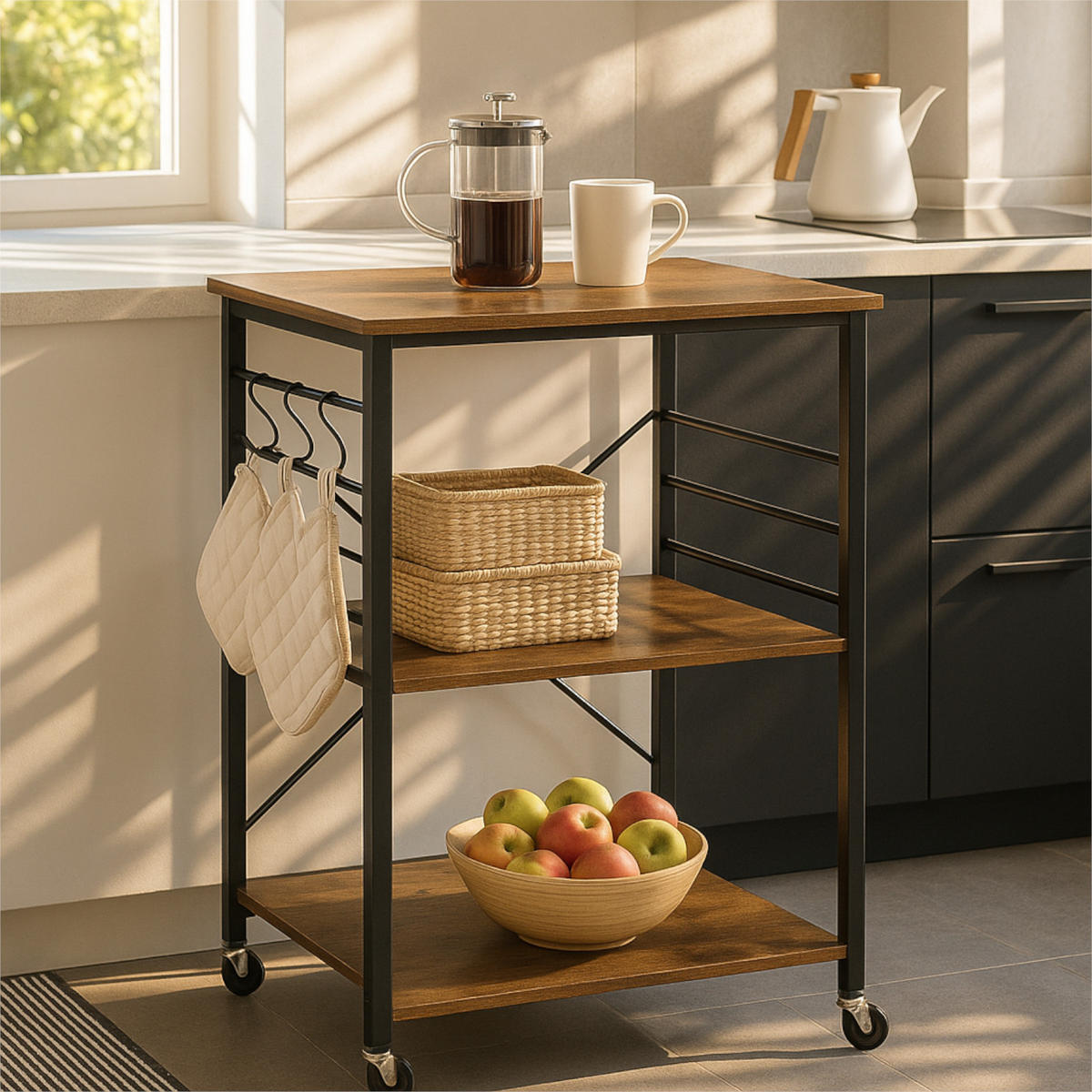 KÜCHENREGAL Holzoptik Metall Dunkelbraun Schwarz mit Rollen 60×40×90 cm - Dunkelbraun/Schwarz, Holzwerkstoff/Metall (40/90/60cm) - Begryf