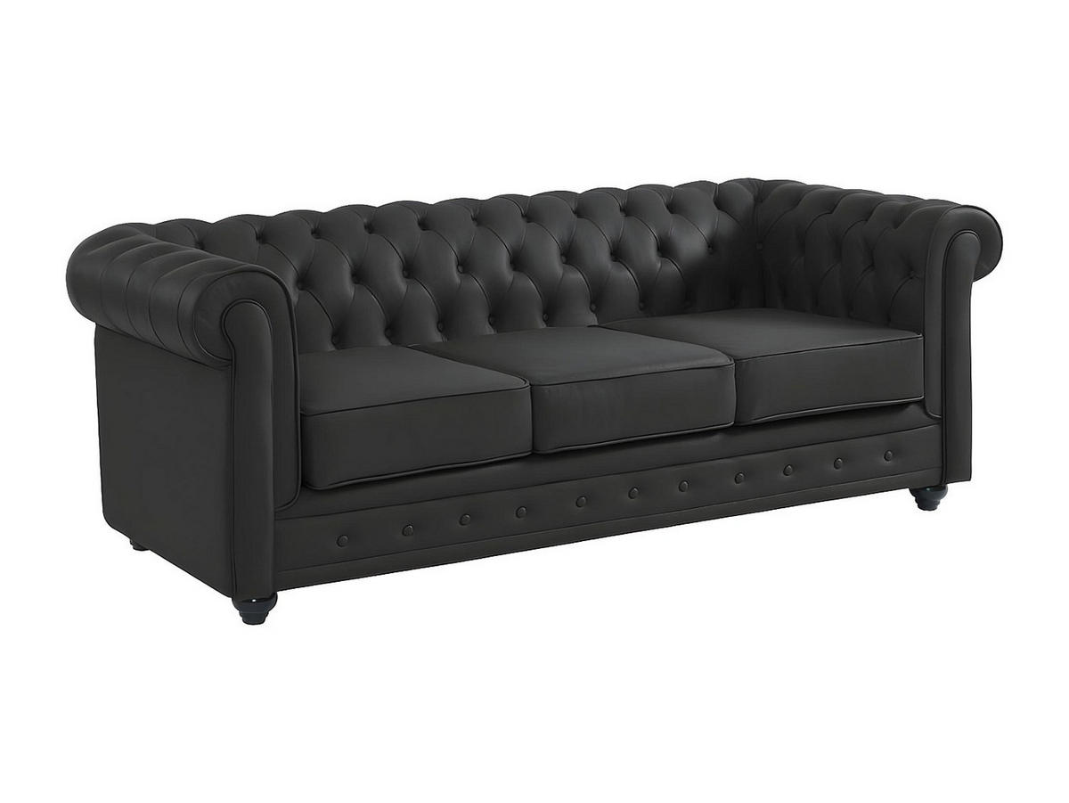LEDERSOFA 3-Sitzer - Büffelleder - Schwarz - CHESTERFIELD - Schwarz, Leder (205/72/88cm) - Vente-Unique