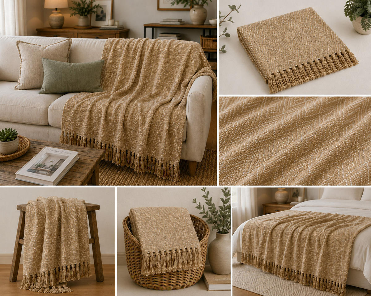 WOHNDECKE Baumwolle 130x180 cm mit Fransen – Zeitloses Design & weich - Rosa, Naturmaterialien (130/180cm) - AU Maison