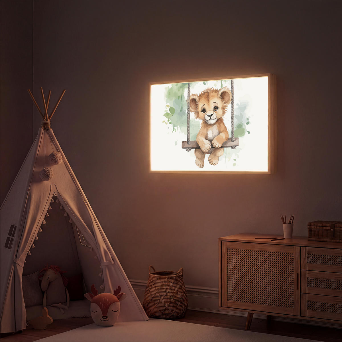 WANDLEUCHTE MIT AKKU Löwe - Tier - Kinder - Dschungel 90x60 cm - Weiß, Holzwerkstoff (90/60/8cm) - OnlyWow