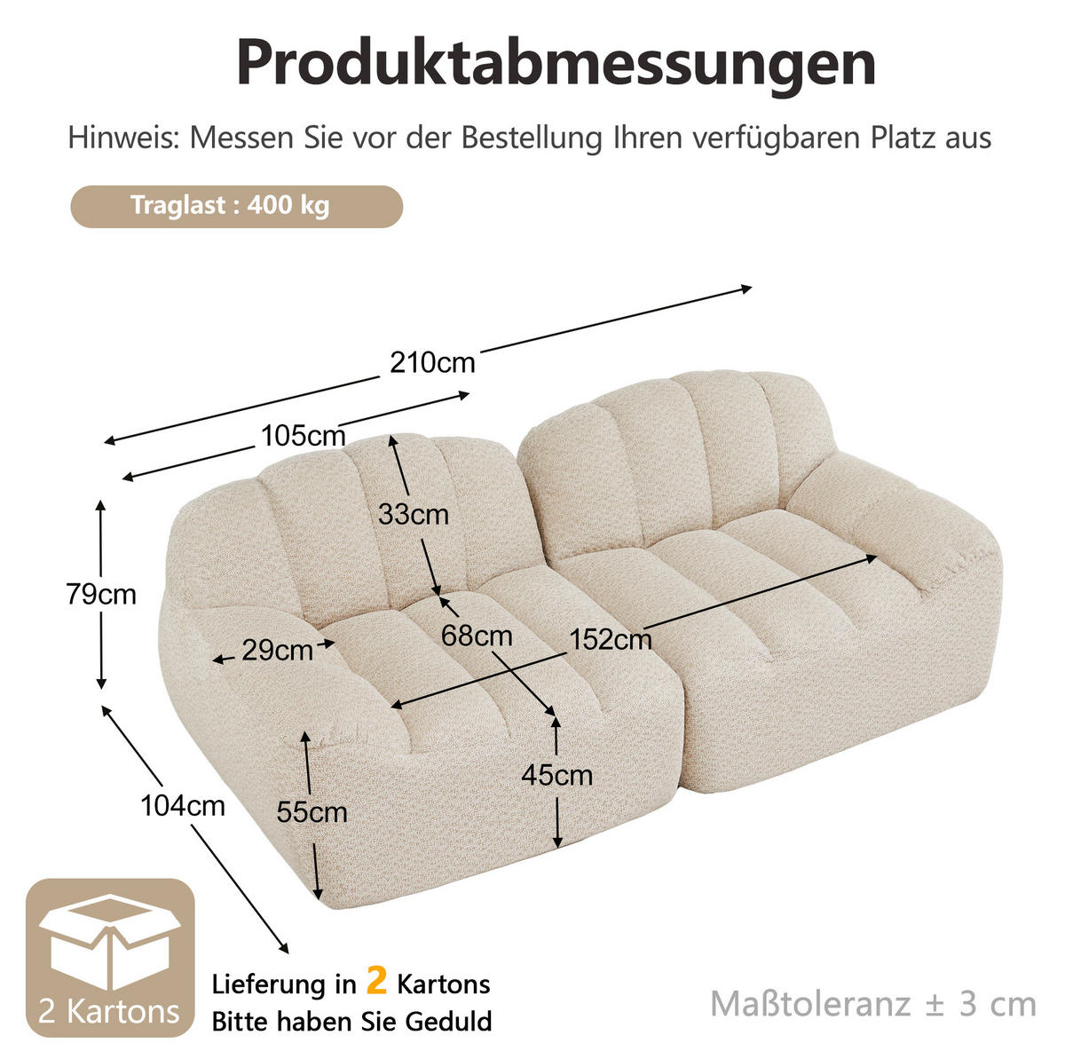 SOFA 210/104/79 cm in Beige Weiß aus Granulierter Fleece - Beige, Textil (104/79/210cm) - Flora Grace