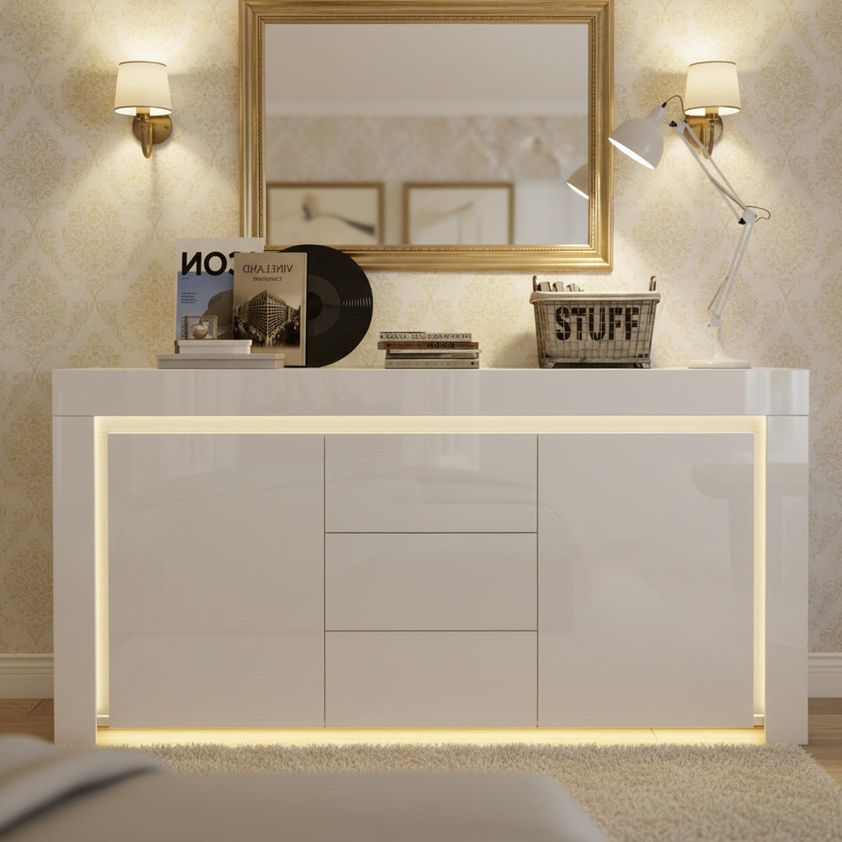 SIDEBOARD 140 cm 2 Türen, 3 Schubladen, LED-Beleuchtung, Hochglanz, Weiß & Schwarz Verstellbare Einlegeböden - Weiß Hochglanz, Holzwerkstoff (140/65/40cm) - Urban Meuble