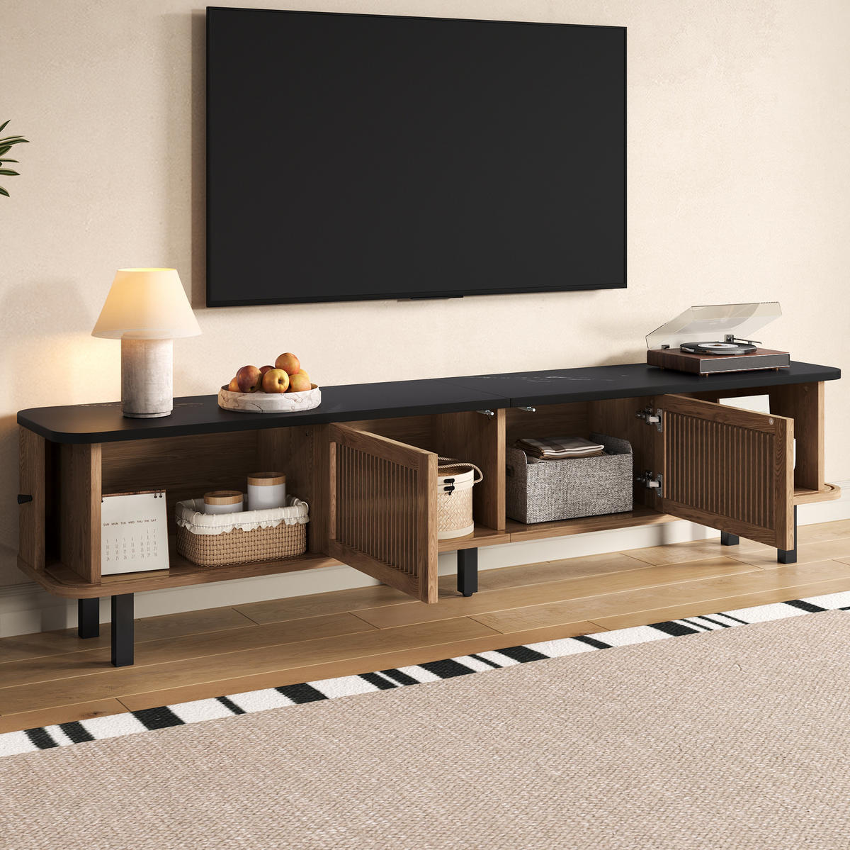 TV ormarić 190/35/45 cm boja hrasta od MDF-a i iverice s kliznim i rešetkastim vratima - smeđa, drvni materijal (190/45/35cm) - OKWISH