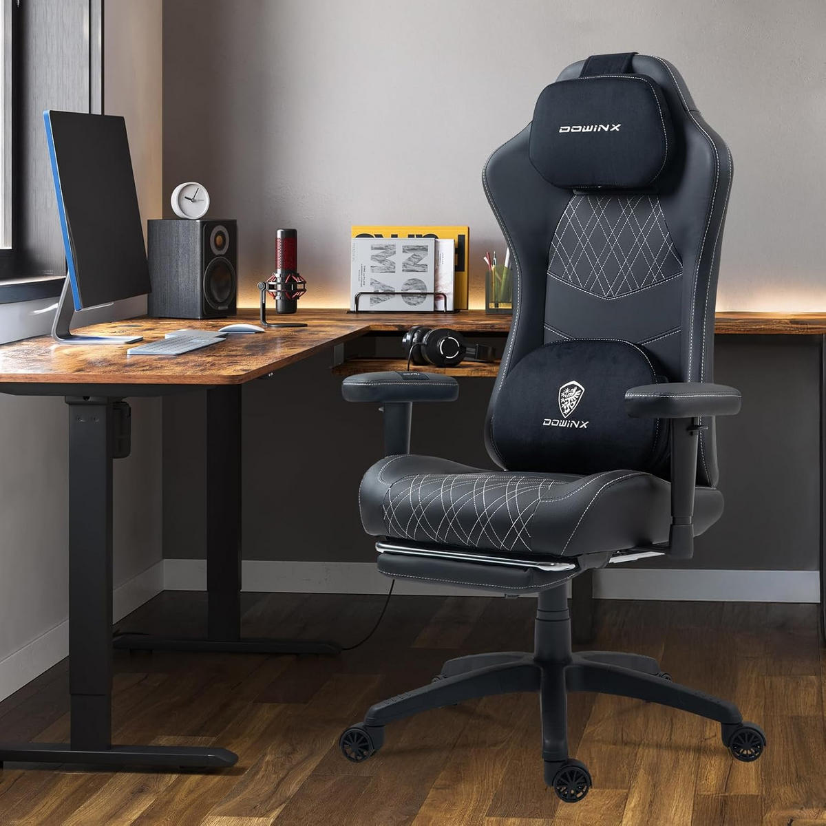 GAMING Stuhl &Massage-Wärmefunktion, atmungsaktivem Taschenfederkissen - Schwarz, Leder (60/127/60cm)