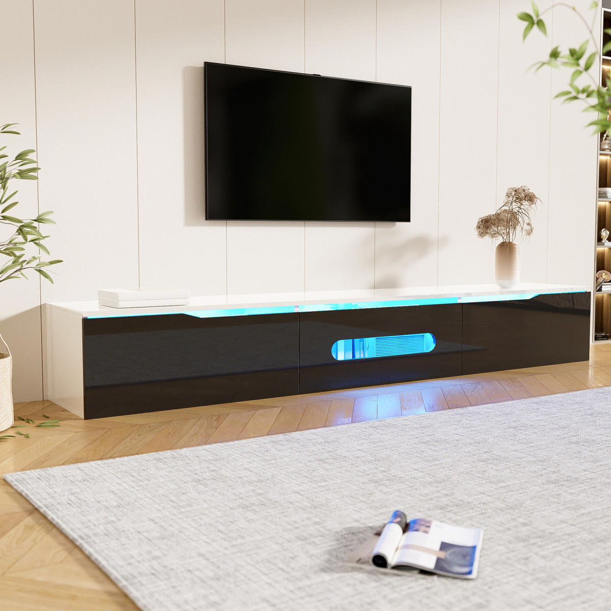 TV-SCHRANK hängend Schwarz-Weiß mit LED-Beleuchtung, TV-Lowboard - Weiß, Holz (180/35/30cm) - PARAFTA HOME