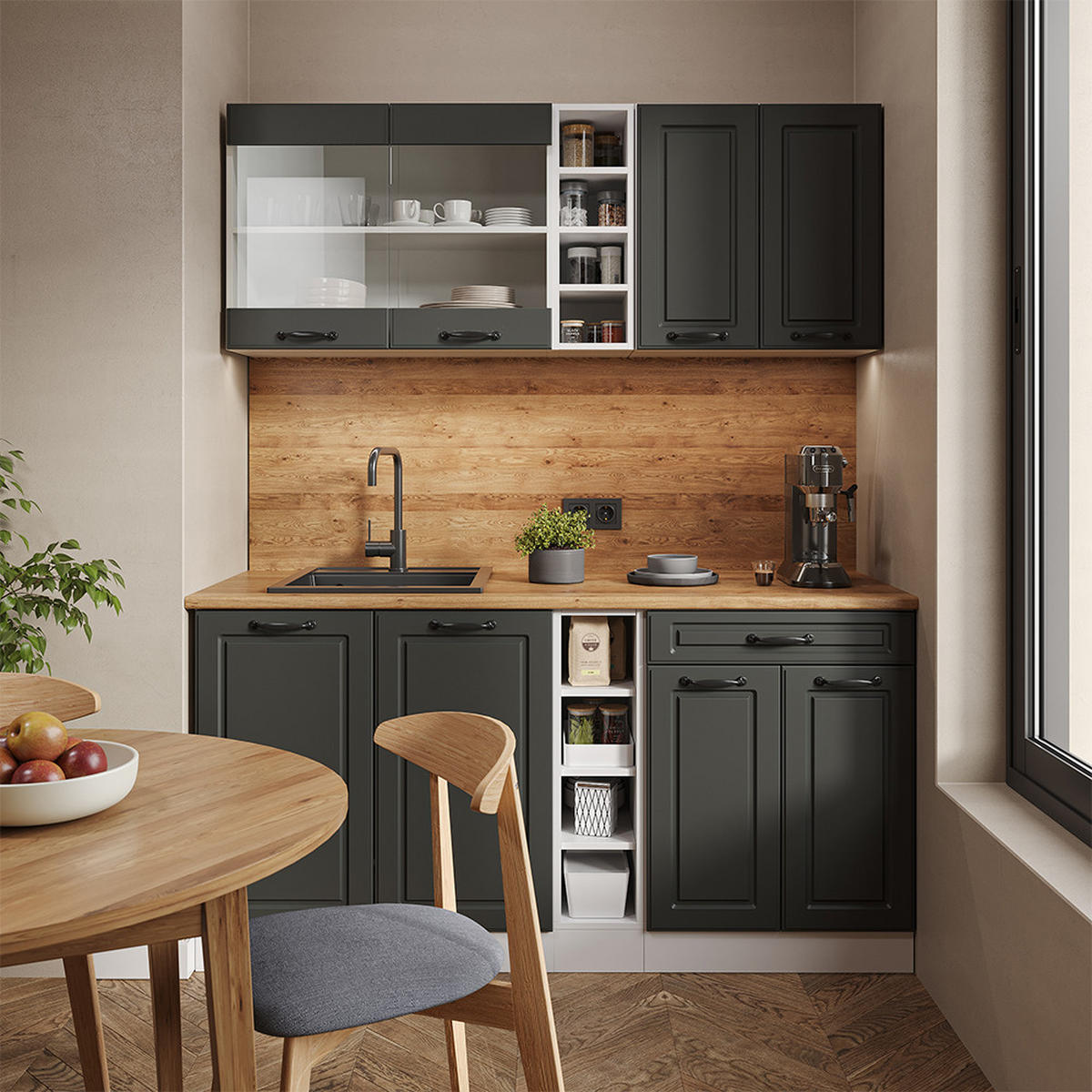 SINGLEKÜCHE R-Line Anthrazit Landhaus/Weiß 160 cm, AP Anthrazit - Dunkelgrau/Anthrazit, Holzwerkstoff (160/81.6/60cm) - Vicco