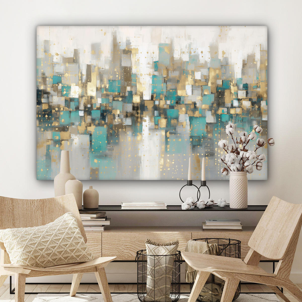 LEINWANDBILD Abstrakt - Blöcke - Gold - Skyline Wohnzimmer Groß 120x80 cm - Beige, Textil (120/80cm) - MuchoWow