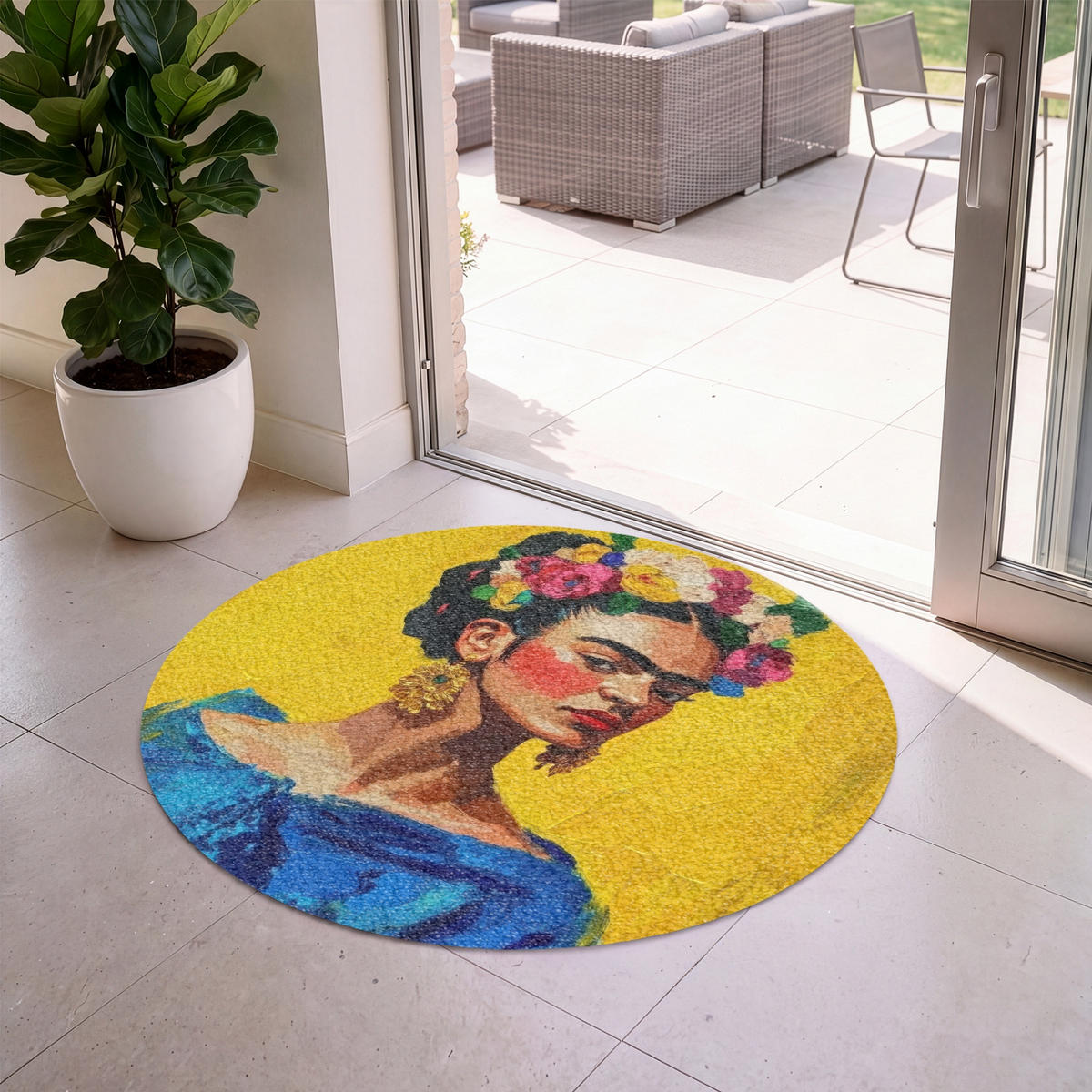 FUSSMATTE Frida Kahlo - Frau - Gelb - Blau - Blumen Schmutzfangmatte 120x120 cm - Gelb, Kunststoff (120/120cm) - MuchoWow