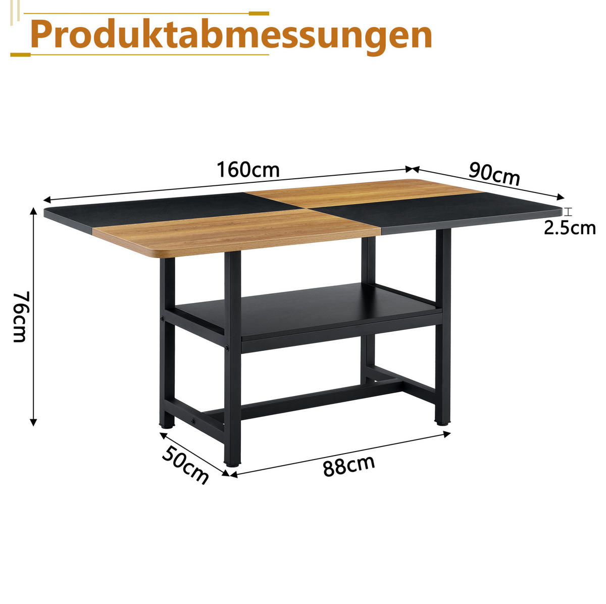 ESSTISCH 160/90/76 cm mit Ablagefach und kratzfester Tischplatte aus MDF und Metall, Schwarz/Holzfarben - Schwarz, Holzwerkstoff (160/90/76cm) - Redom