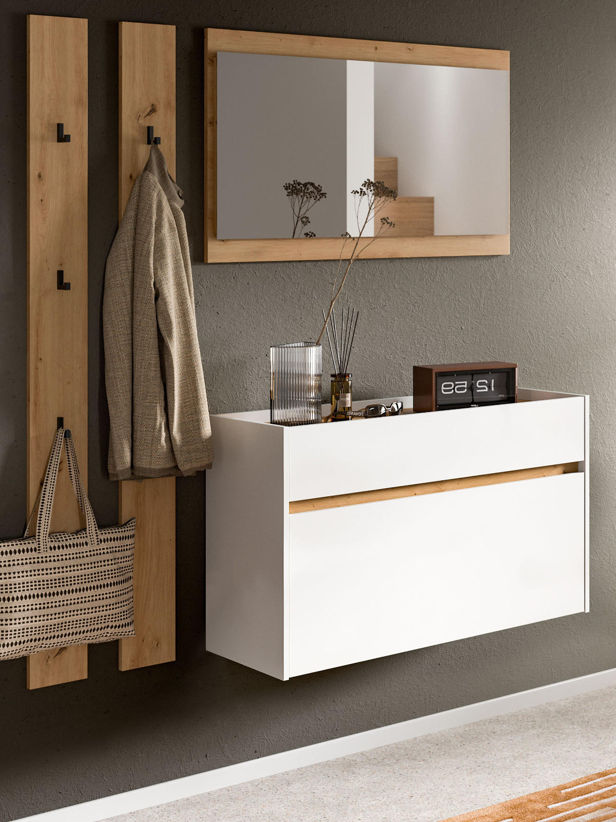 GARDEROBE-SET weiß und Artisan Eiche, Garderobe 4-teilig, 172 x 197 cm - Weiß/Eiche Artisan, Holzwerkstoff (172/197/32cm) - Inn.Furn