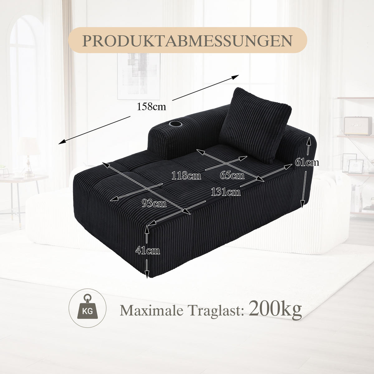 CHAISELONGUE in Cord (158 cm) mit Getränkehalter & Seitentaschen - Schwarz, Textil (158/61/93cm) - Urban Meuble