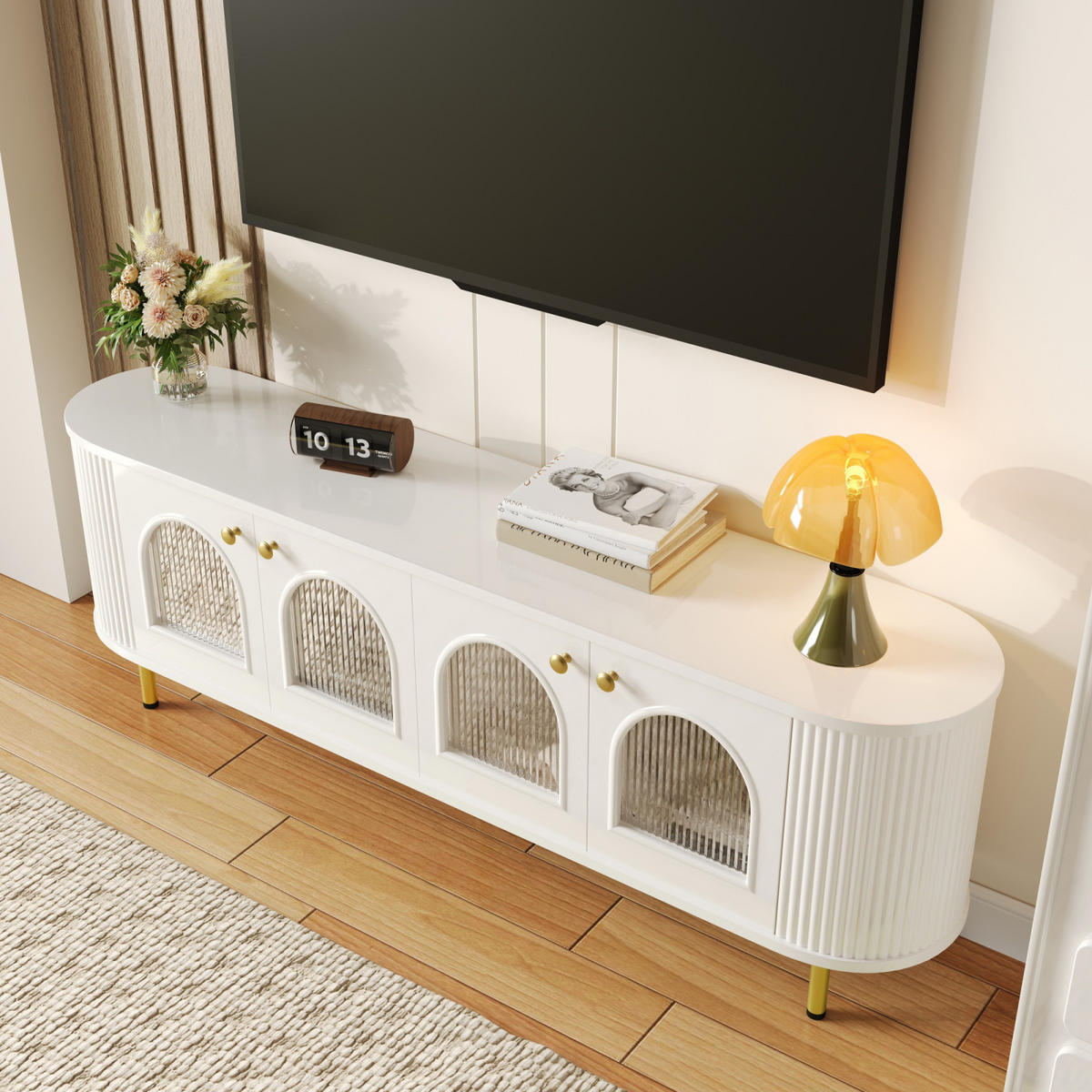 TV Lowboard 4 Glastüren, goldene Griffe, Weiß - Weiß, Holz (170/55/35cm)
