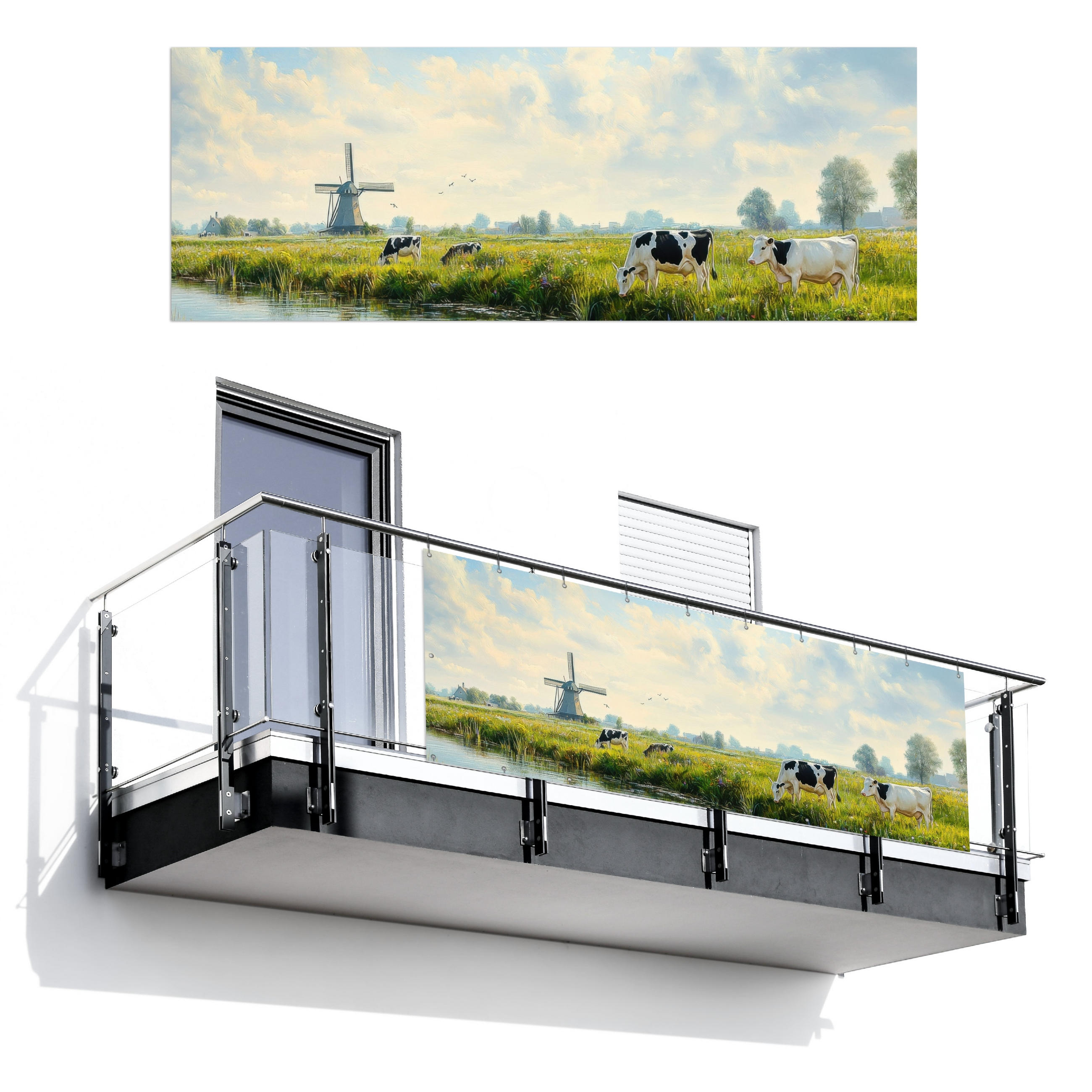 BALKON-SICHTSCHUTZ Kühe - Windmühle - Wiese - Blau - Grün, Kunststoff (300/110cm) - MuchoWow