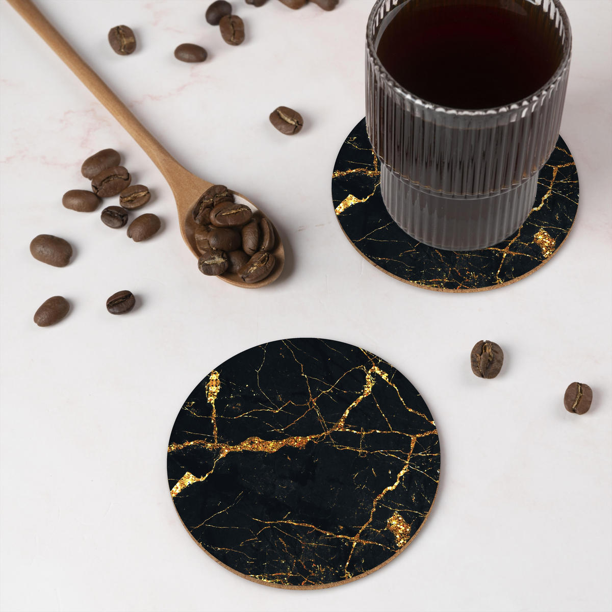 GLASUNTERSETZER 6er-Set Rund Gold - Marmor - Glitzer - Luxus 10x10 cm - Goldfarben, Naturmaterialien (10/0.2cm) - MuchoWow